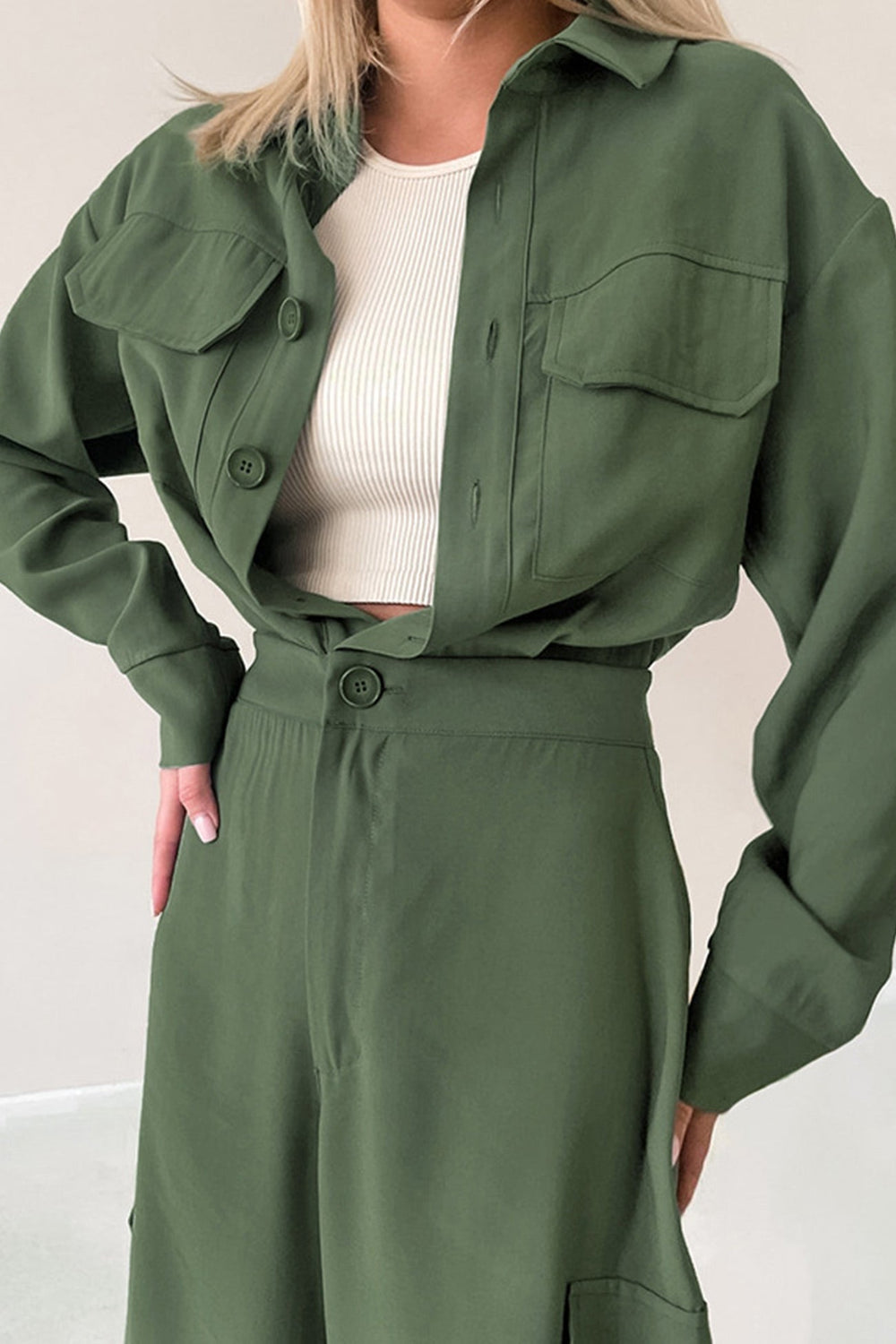 Long Sleeve Single-breasted Cargo Jumpsuits Green · M