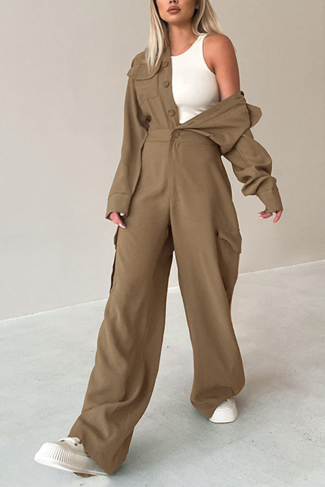 Long Sleeve Single-breasted Cargo Jumpsuits Khaki · S