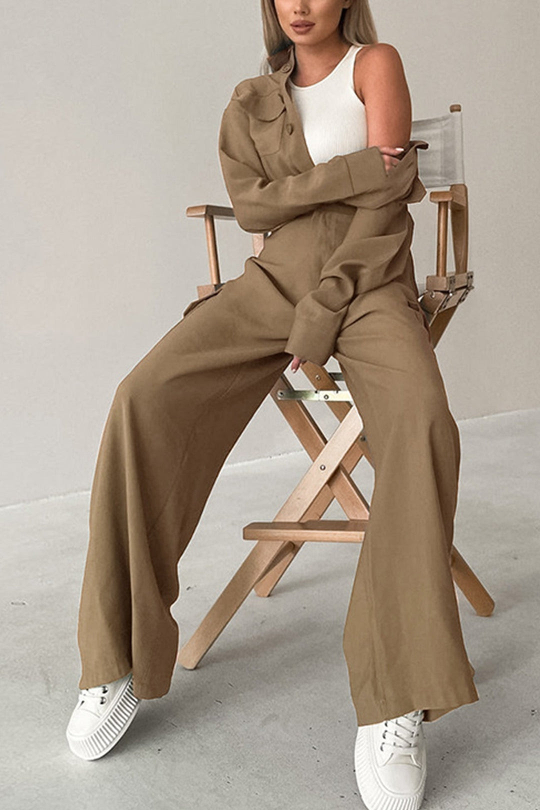 Long Sleeve Single-breasted Cargo Jumpsuits Khaki · M