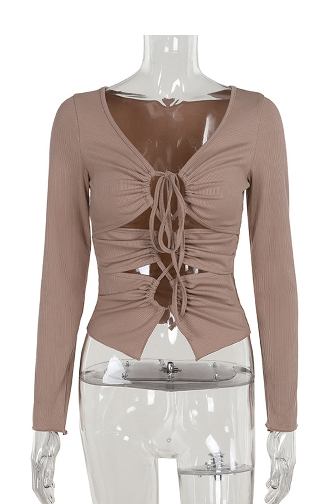 Long Sleeve Tie-up Cutout Bodycon Tops Khaki · L