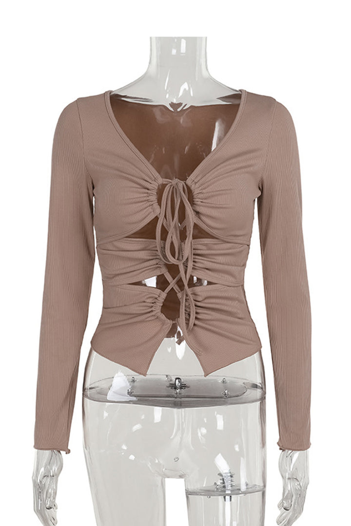 Long Sleeve Tie-up Cutout Bodycon Tops Khaki · L