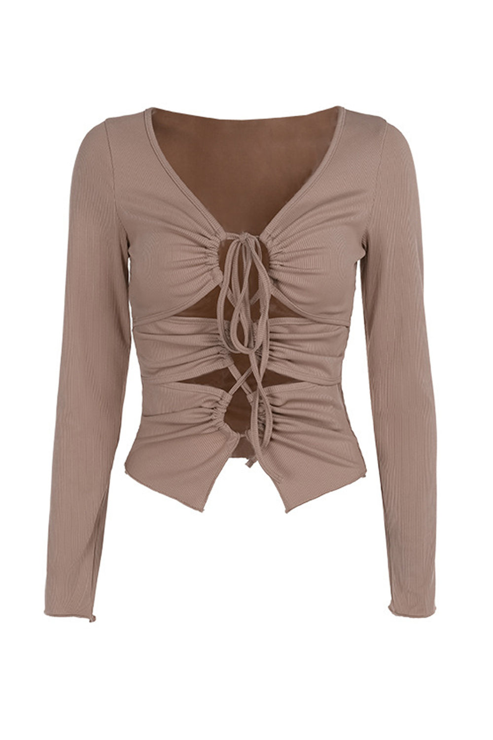 Long Sleeve Tie-up Cutout Bodycon Tops Khaki · M