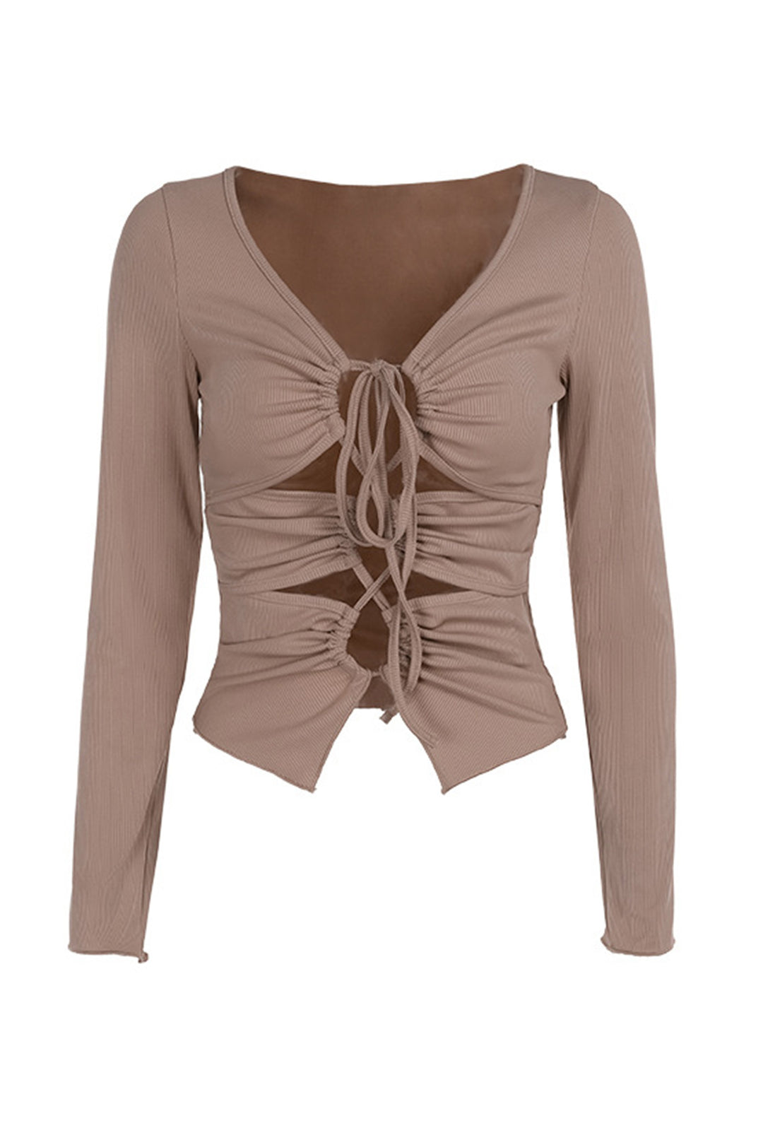 Long Sleeve Tie-up Cutout Bodycon Tops Khaki · M
