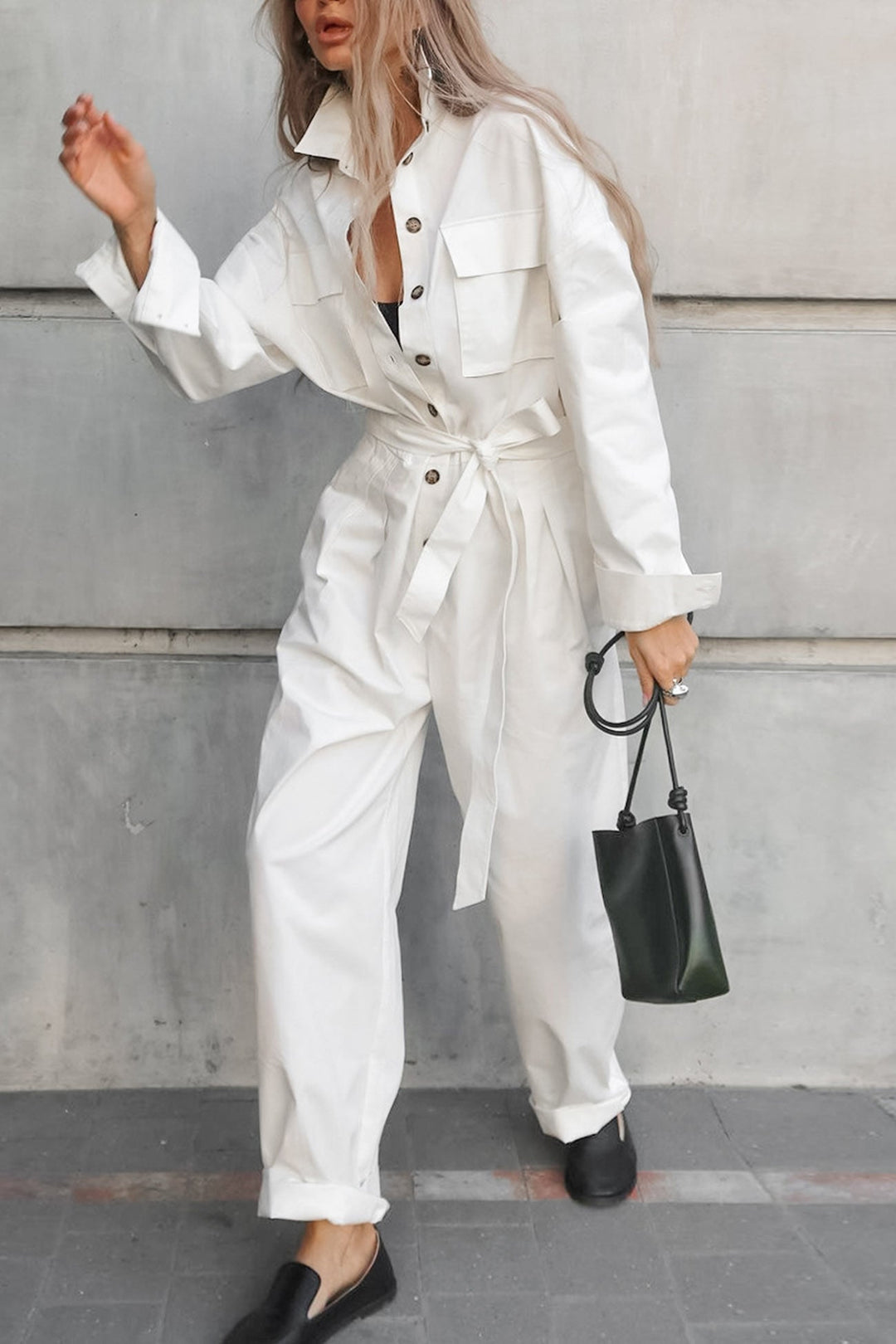 Long Sleeve Tie-up High Waist Cargo Jumpsuits White · L