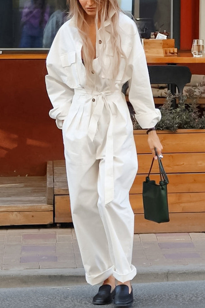Long Sleeve Tie-up High Waist Cargo Jumpsuits White · S