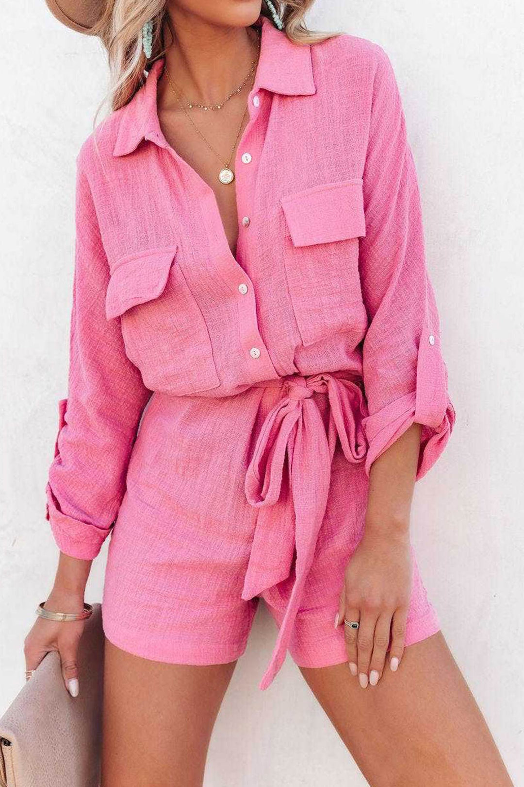 Long Sleeve Tie-waist Shirt Rompers Pink · M