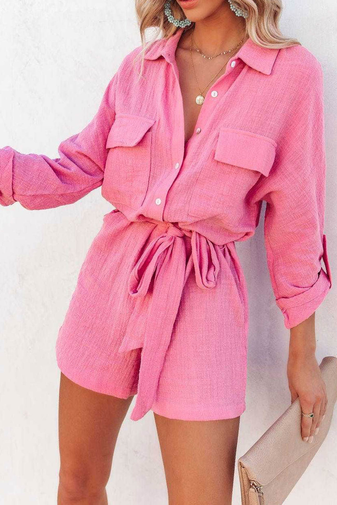 Long Sleeve Tie-waist Shirt Rompers Pink · S