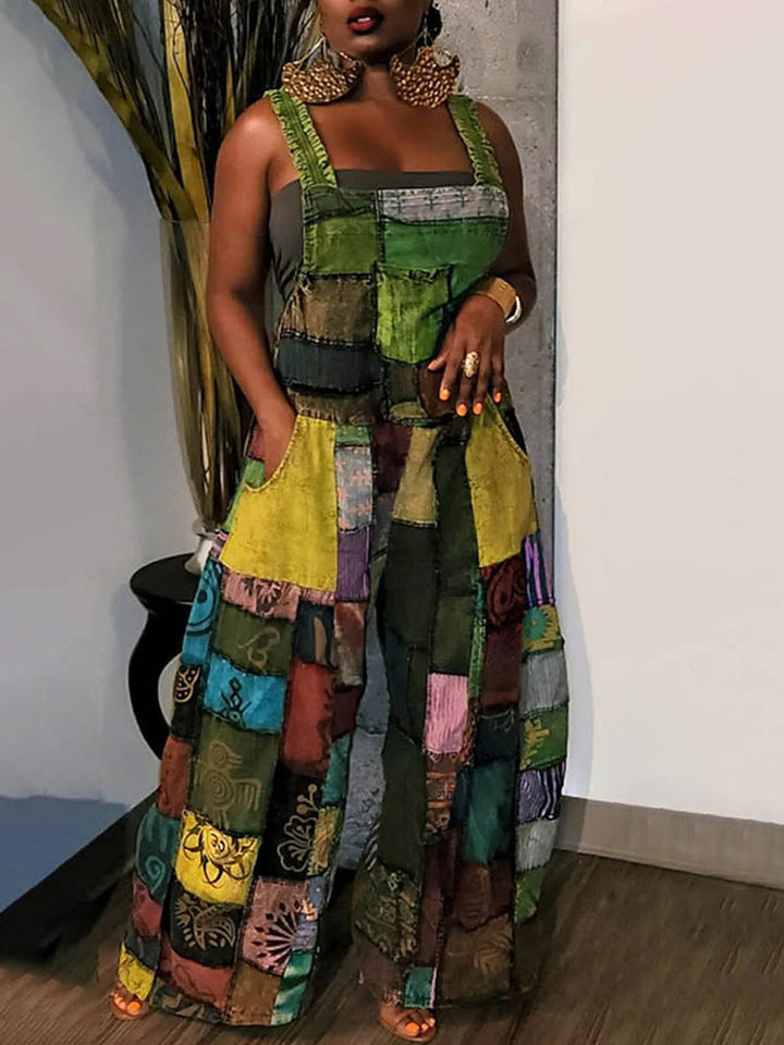 Casual Patchwork Loose Overall Green / S