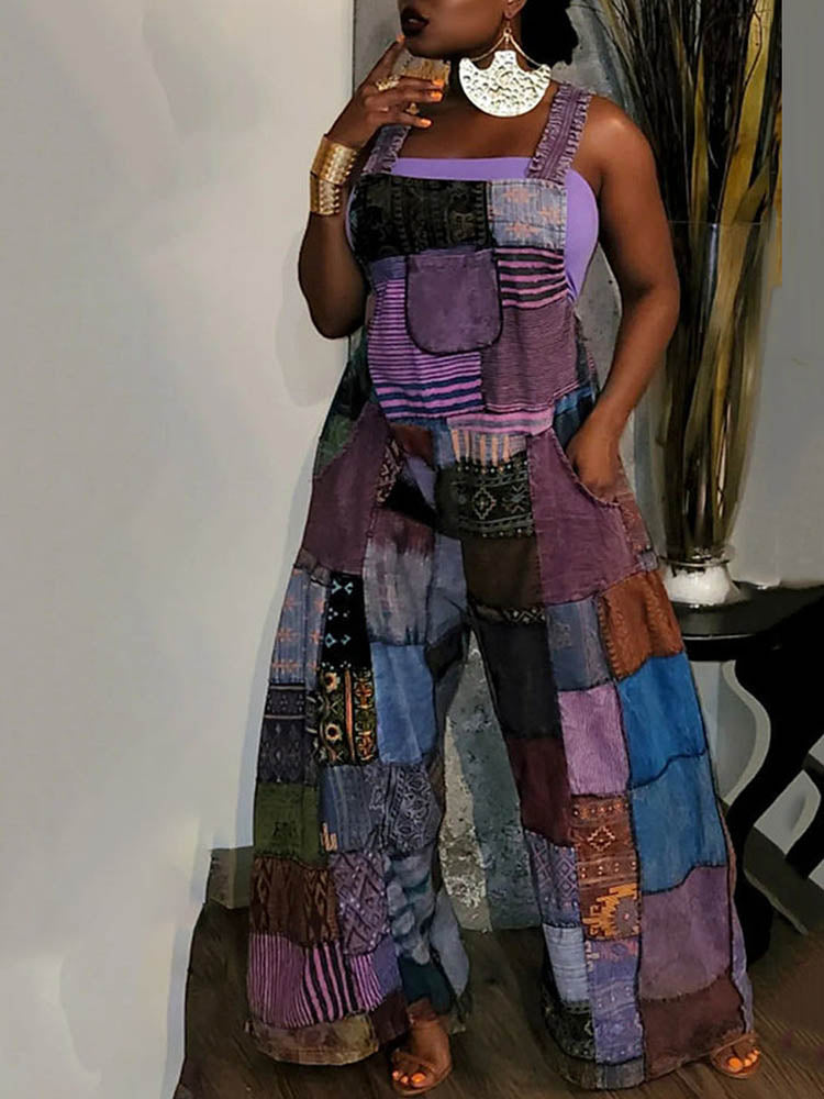 Casual Patchwork Loose Overall Green / L