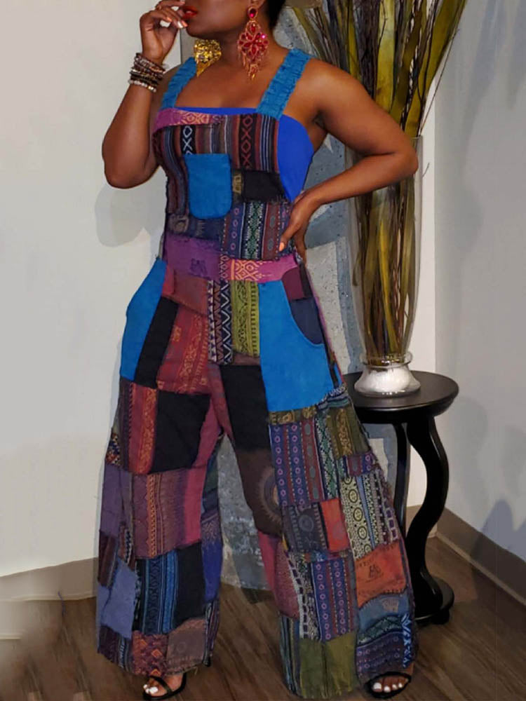 Casual Patchwork Loose Overall Green / 2XL