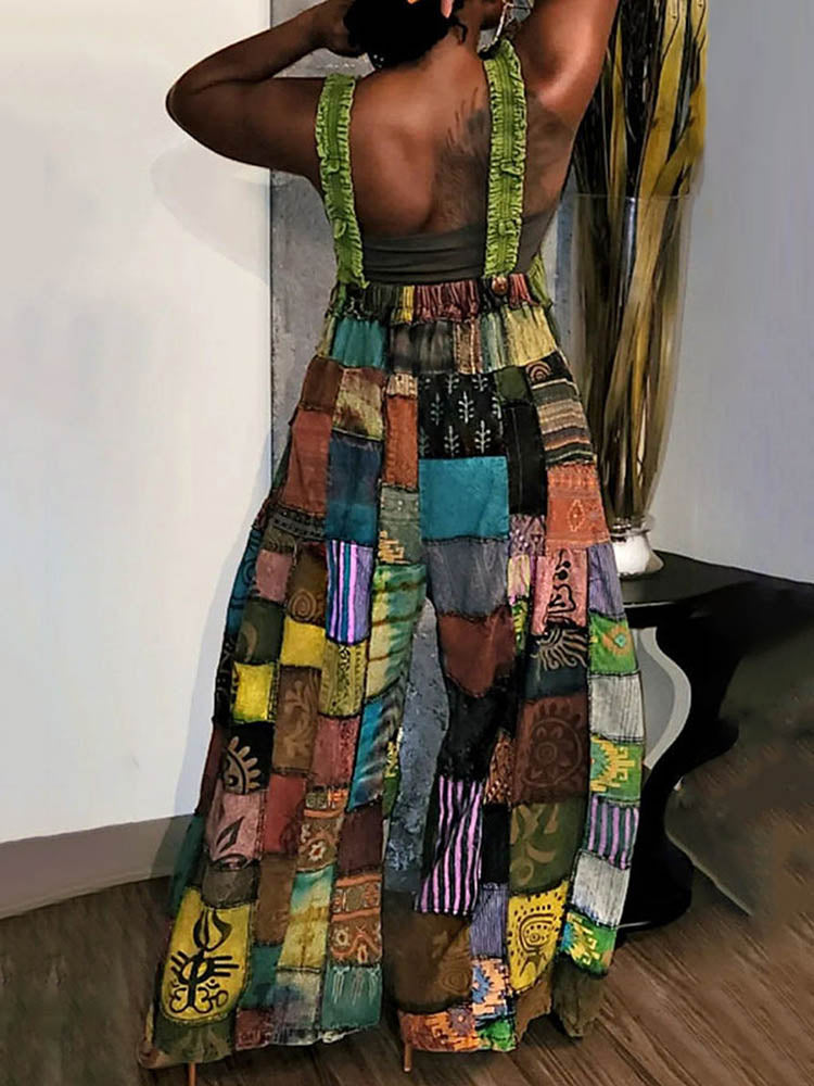 Casual Patchwork Loose Overall Green / M