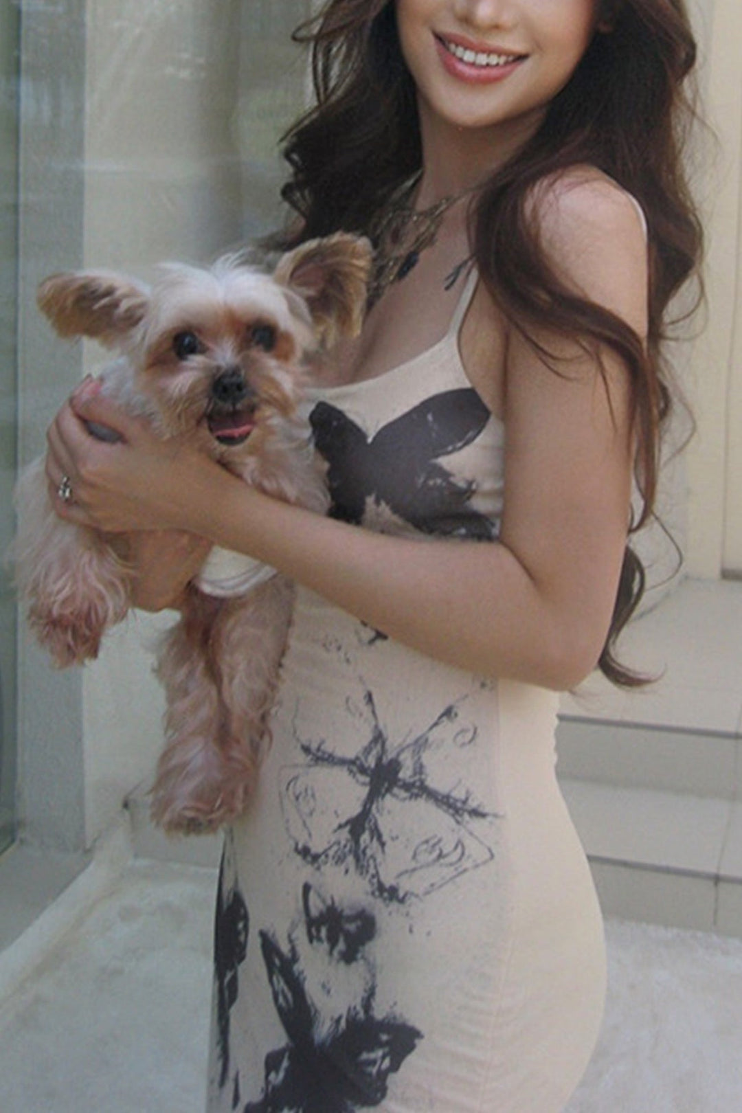 Low Cut Butterfly Print Cami Dress Beige · M