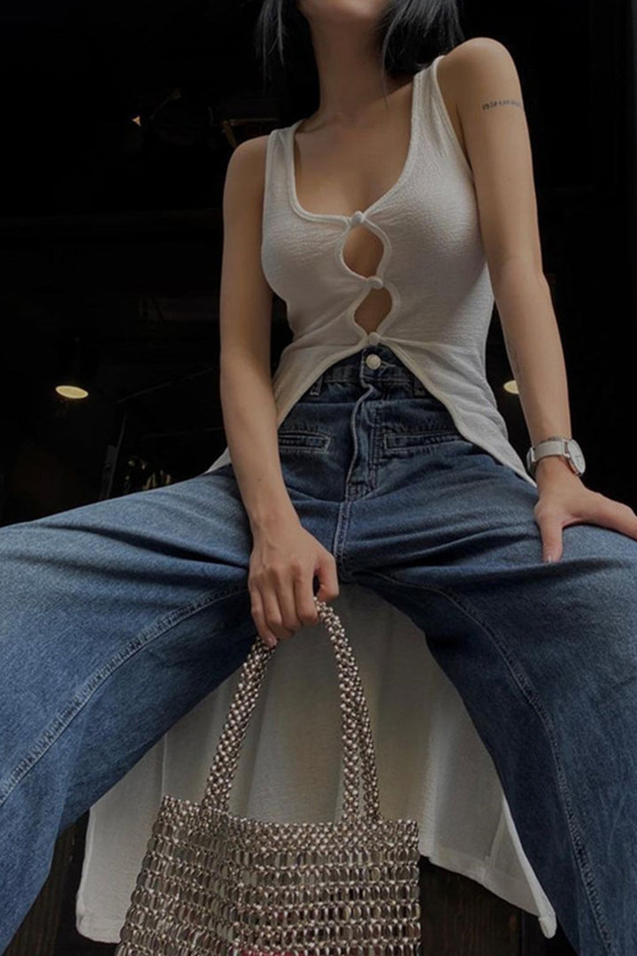 Low Cut Button-down Sleeveless Long Cardigan White · L