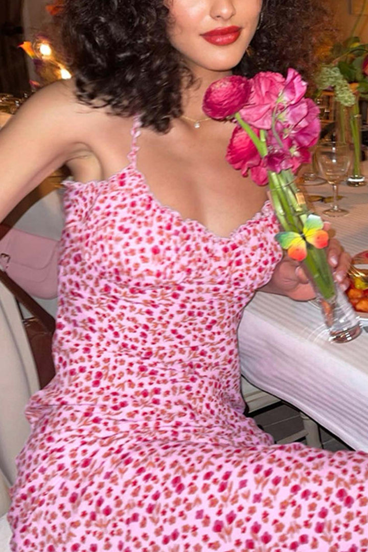 Low Cut Floral Print Fishtail Dress Pink · M