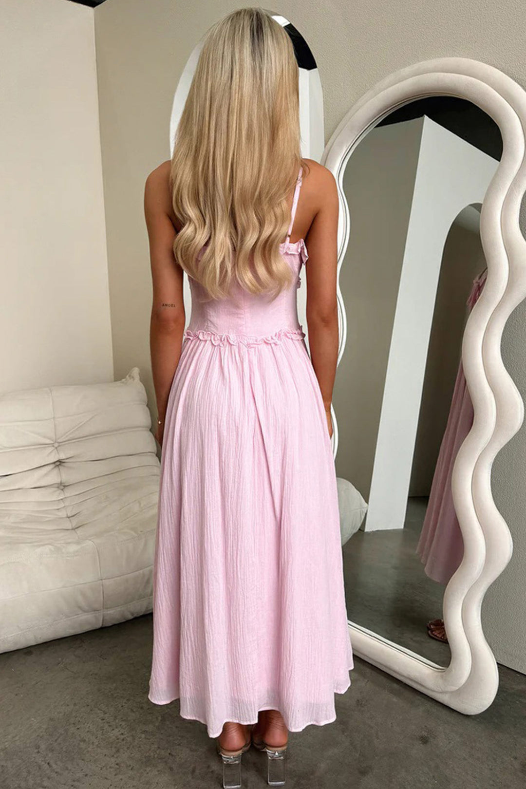 Low Cut Ruffle Cami Midi Dress Pink · S