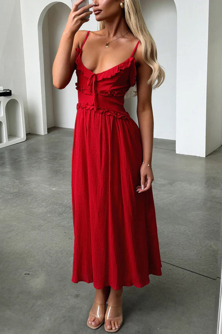 Low Cut Ruffle Cami Midi Dress Red · M