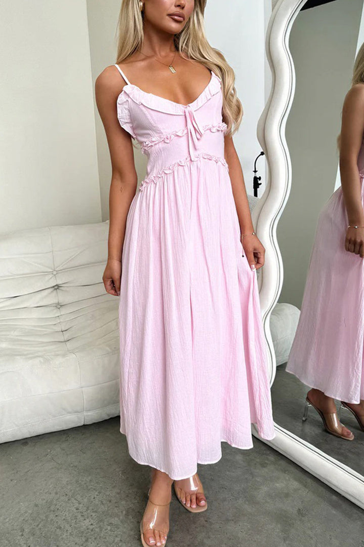 Low Cut Ruffle Cami Midi Dress Pink · M