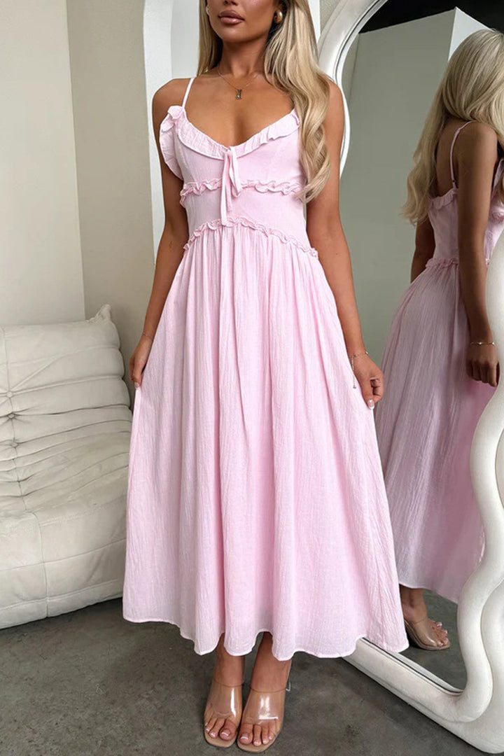 Low Cut Ruffle Cami Midi Dress Pink · L