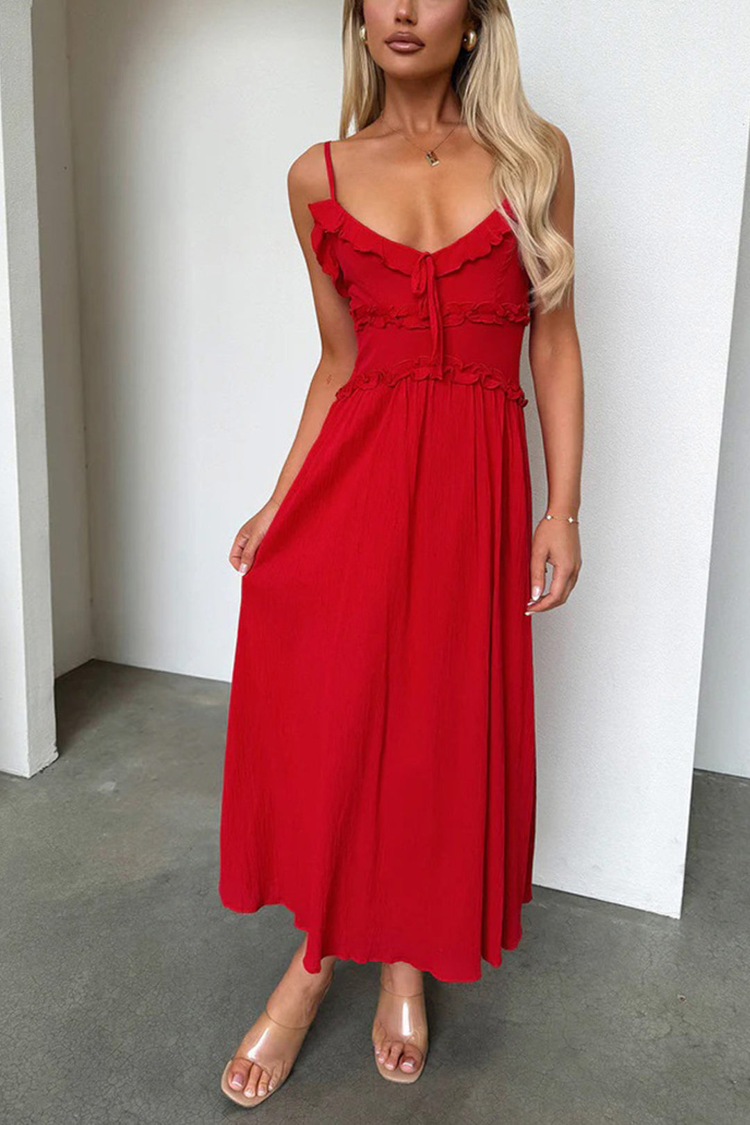 Low Cut Ruffle Cami Midi Dress Red · L
