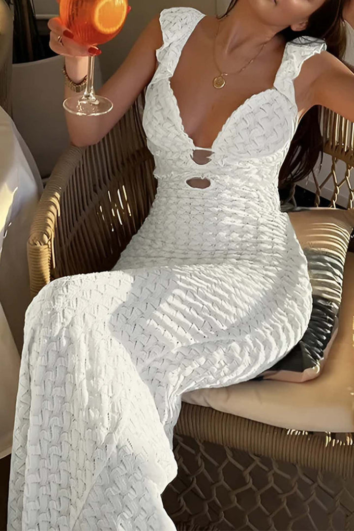 Low Cut Backless Hollow Out Dress Beige · M