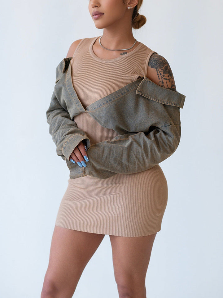 Denim Contrast Ribbed Mini Dress Khaki / S