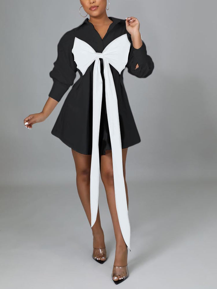 Patchwork Lace Up Shirt Dress Black / XL