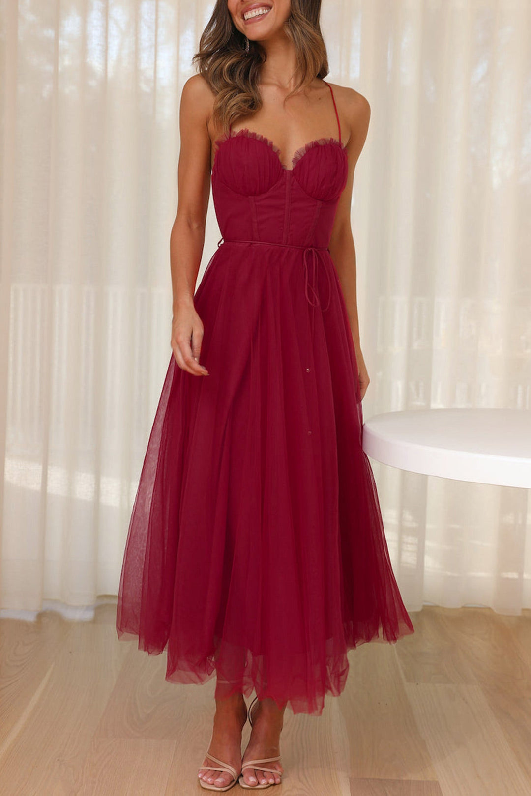 Mesh Corset Lace-up Cami Dress Wine Red · XL