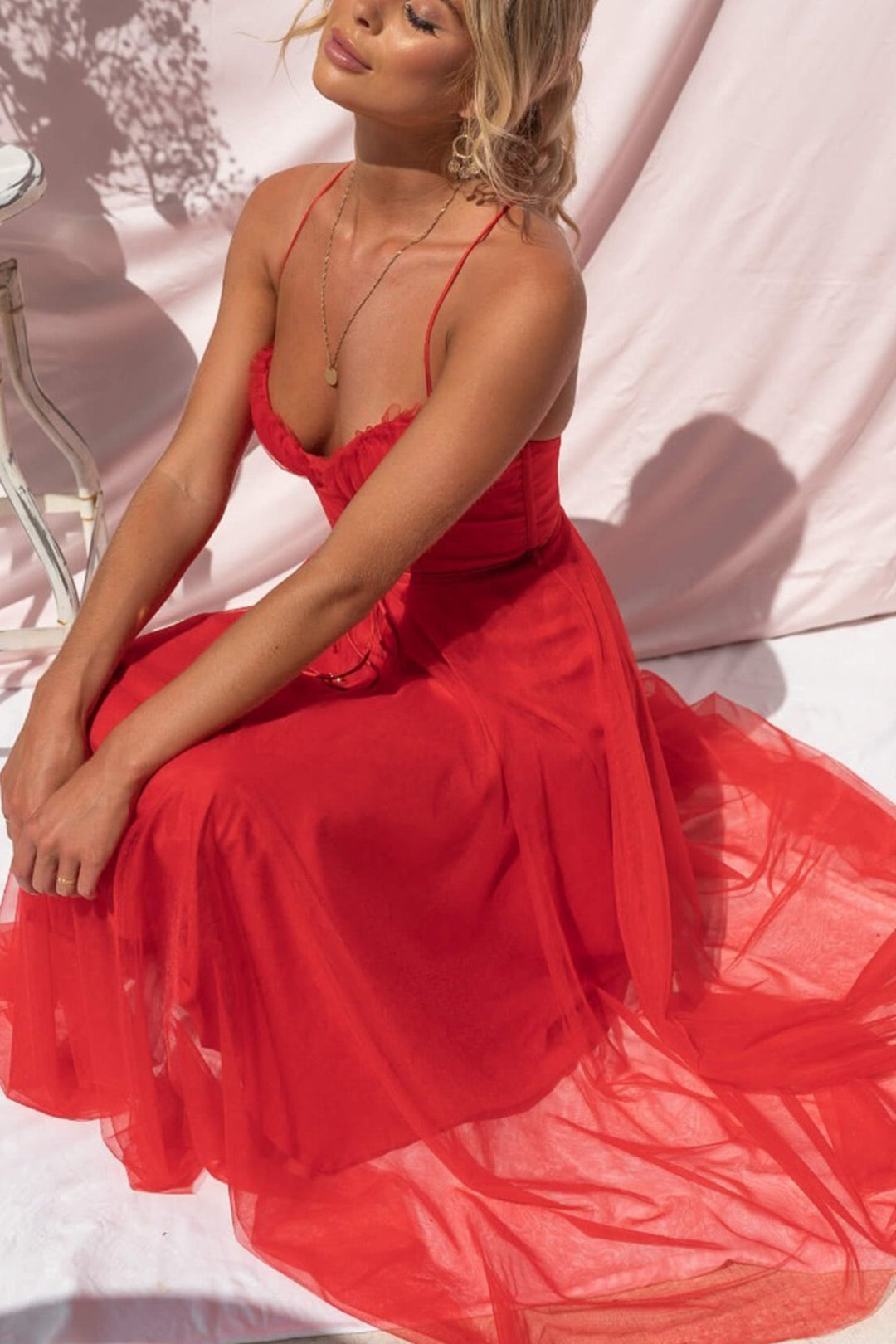 Mesh Corset Lace-up Cami Dress Red · S