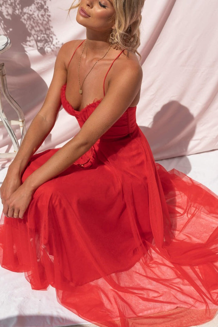 Mesh Corset Lace-up Cami Dress Red · S