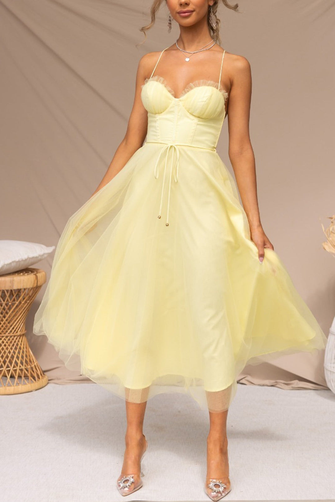 Mesh Corset Lace-up Cami Dress Yellow · L