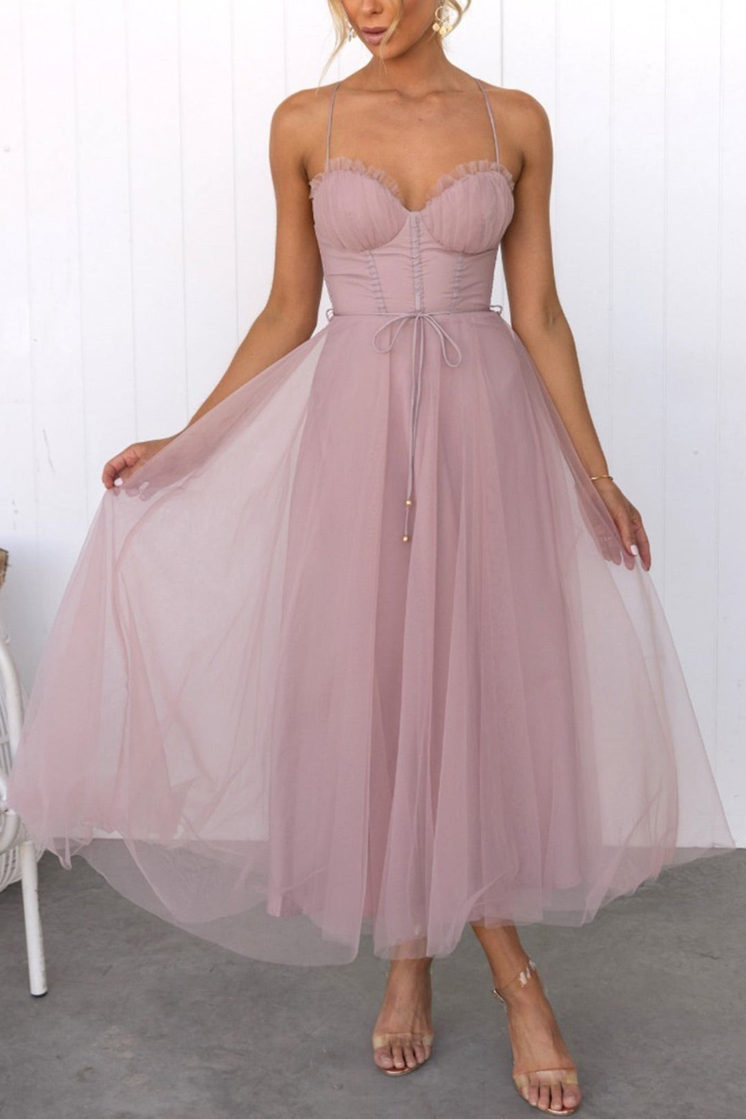 Mesh Corset Lace-up Cami Dress Pink · L