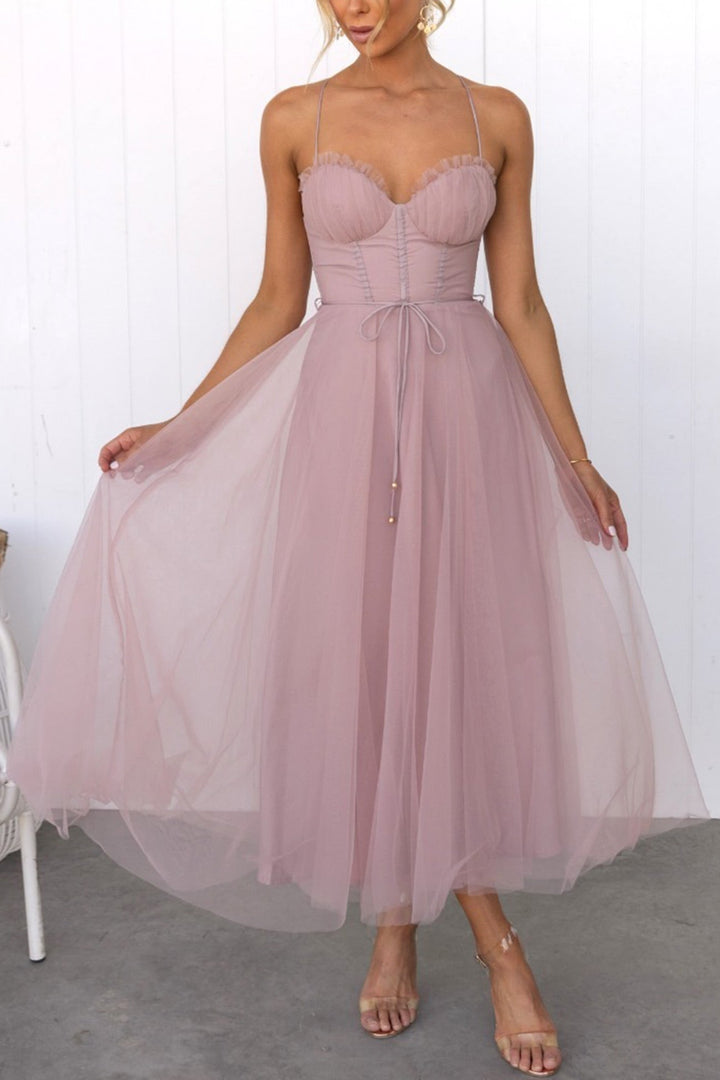 Mesh Corset Lace-up Cami Dress Pink · L