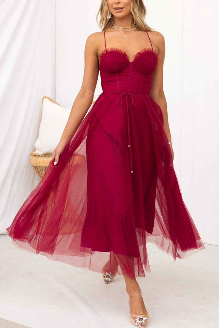 Mesh Corset Lace-up Cami Dress Wine Red · M