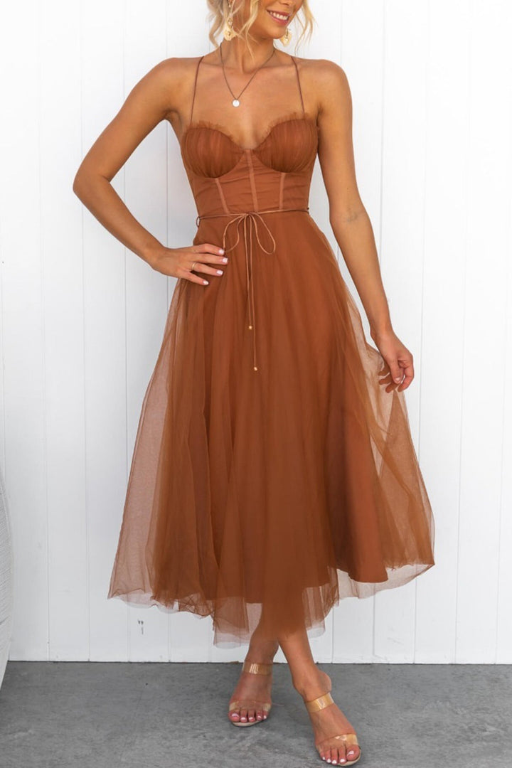 Mesh Corset Lace-up Cami Dress Caramel · M