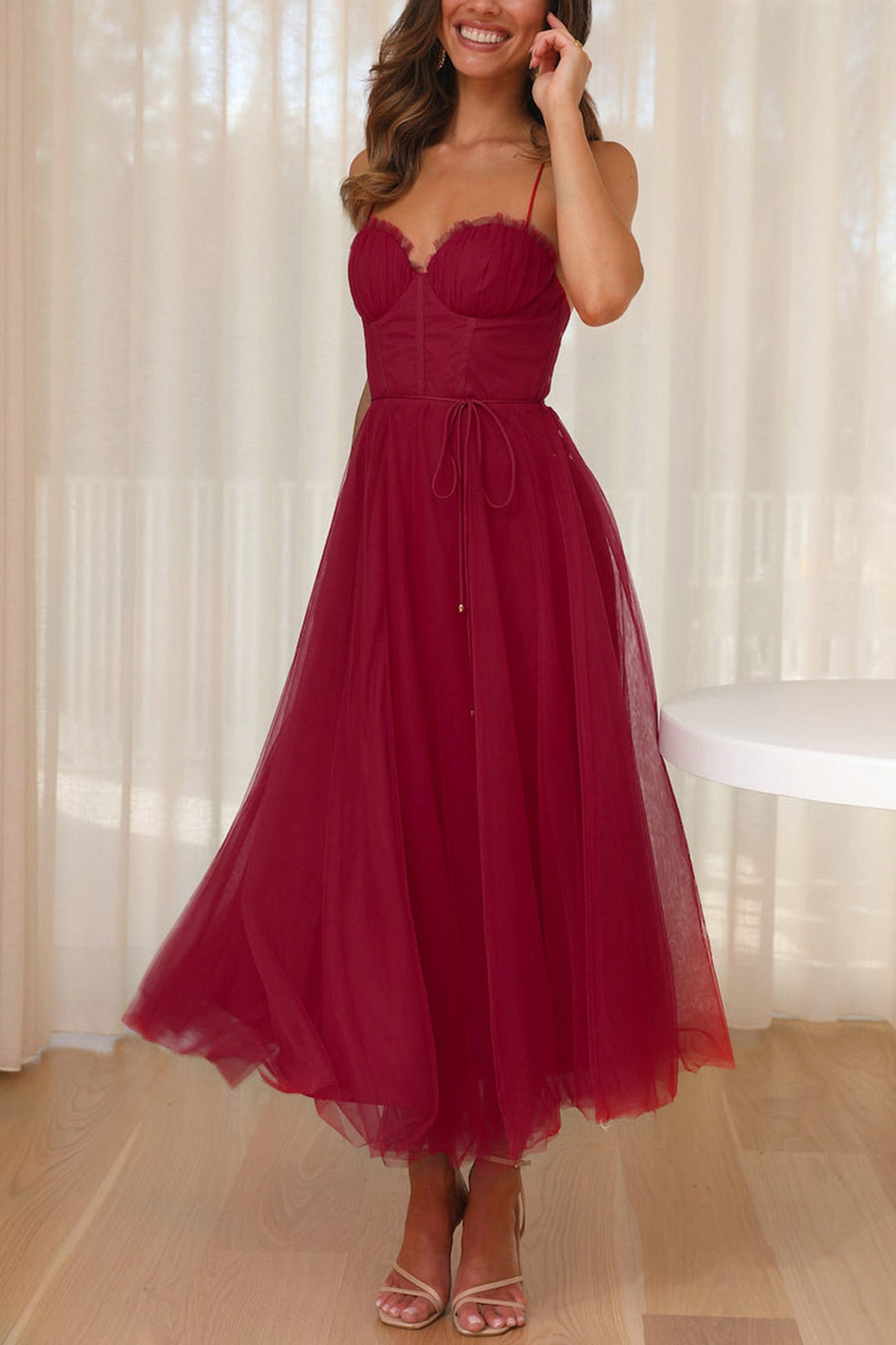 Mesh Corset Lace-up Cami Dress Wine Red · L