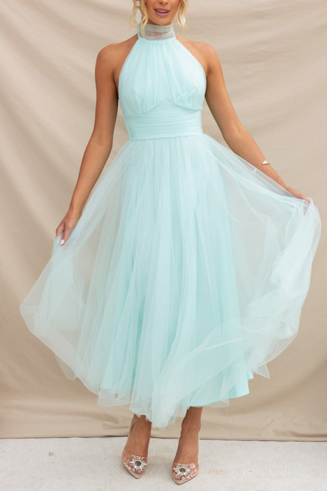 Mesh Halter Neck High Waist Maxi Dress Red · XL