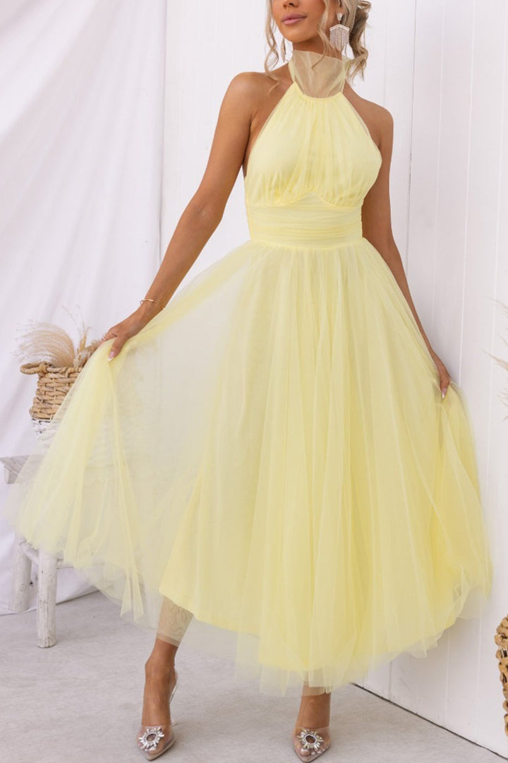 Mesh Halter Neck High Waist Maxi Dress Pink · L