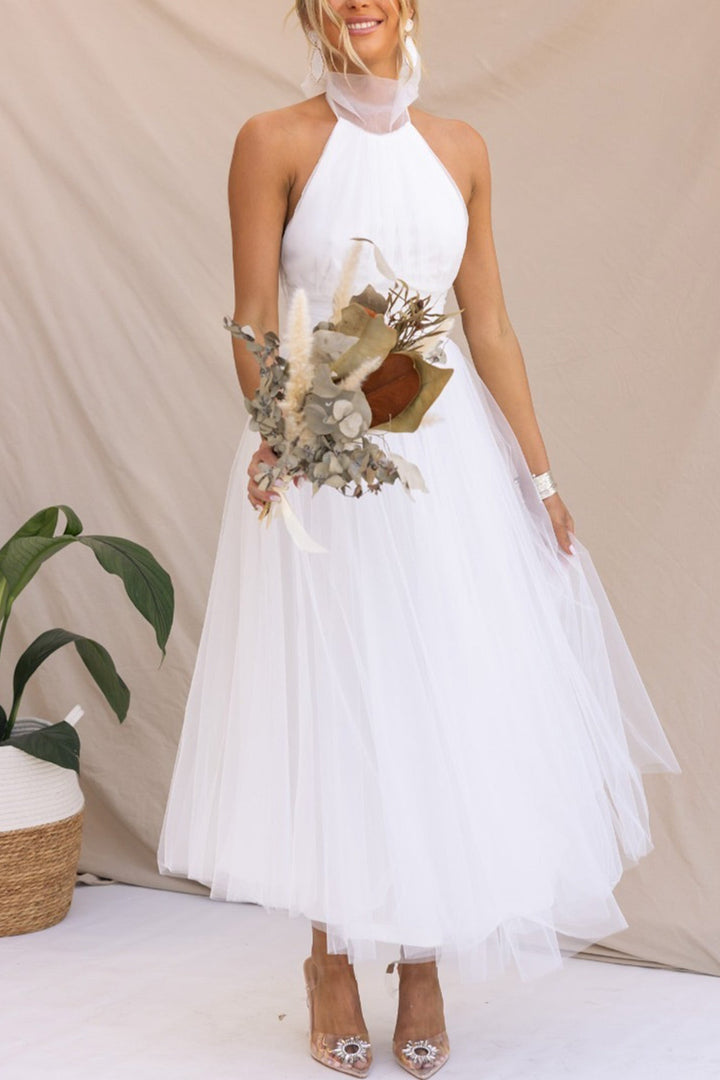 Mesh Halter Neck High Waist Maxi Dress White · M
