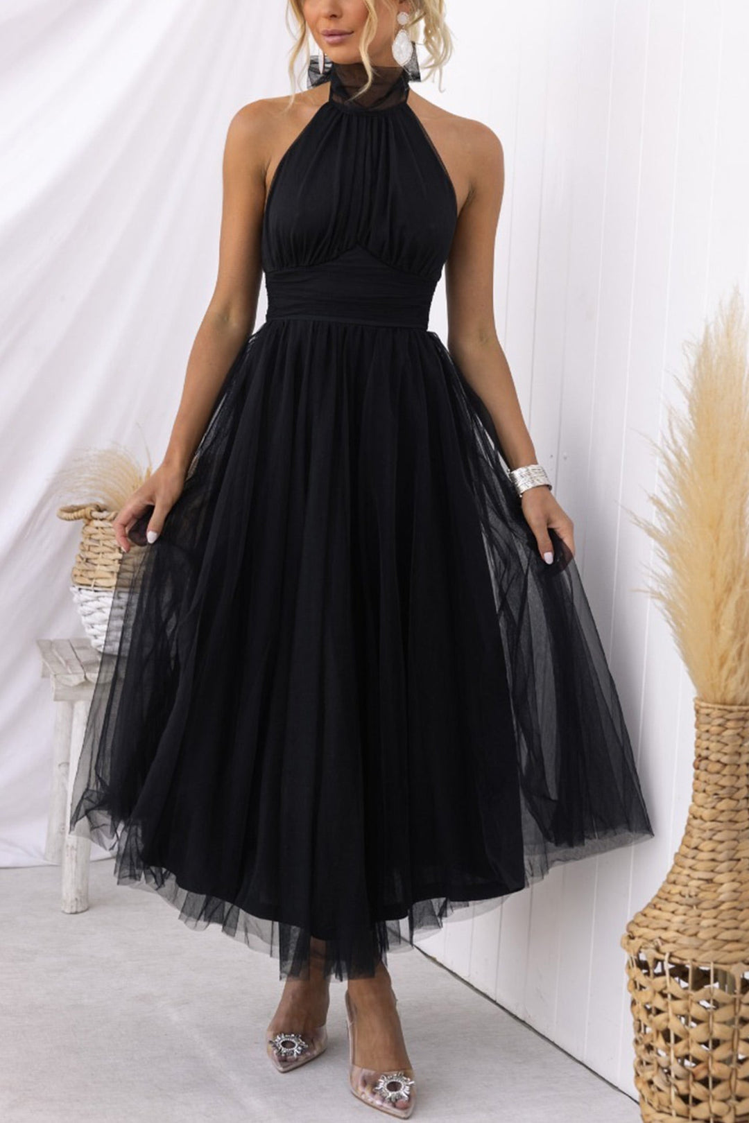 Mesh Halter Neck High Waist Maxi Dress Red · S