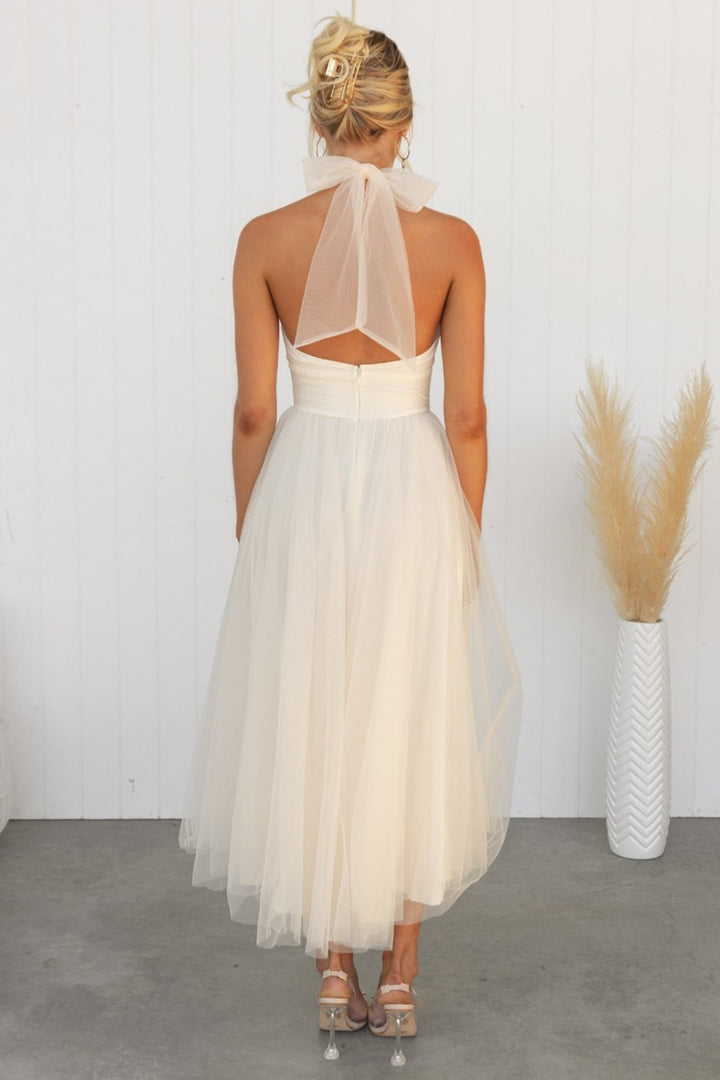 Mesh Halter Neck High Waist Maxi Dress Apricot · S