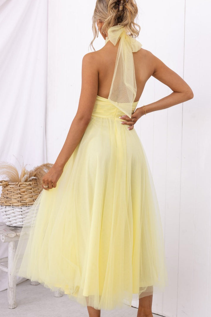 Mesh Halter Neck High Waist Maxi Dress Pink · M