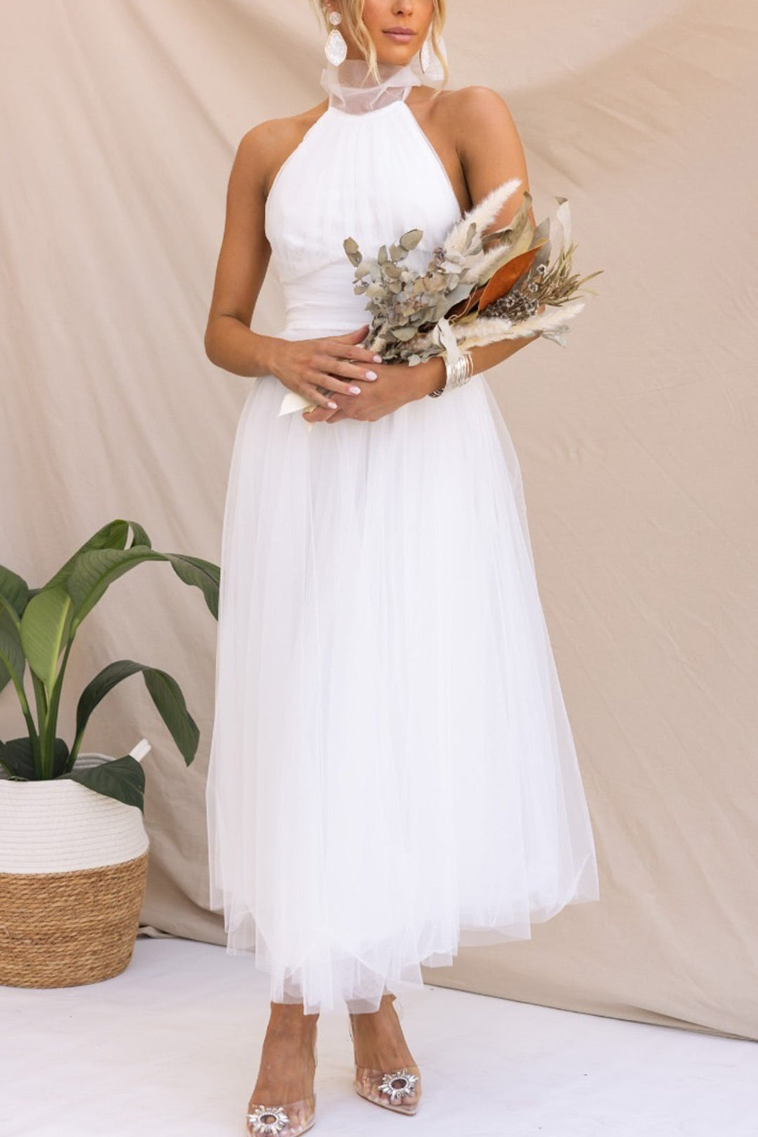 Mesh Halter Neck High Waist Maxi Dress White · S