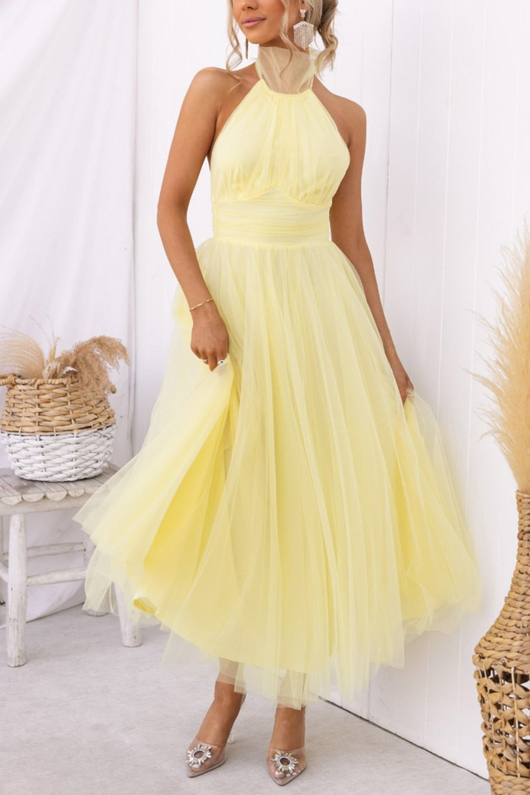 Mesh Halter Neck High Waist Maxi Dress Pink · S