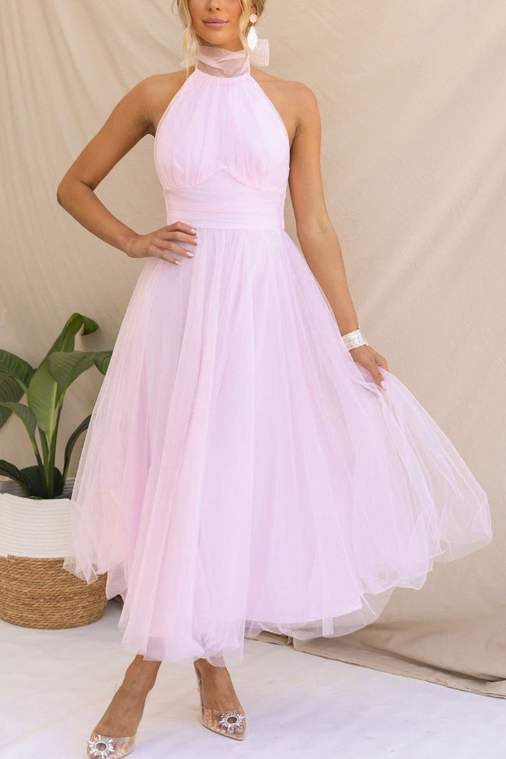 Mesh Halter Neck High Waist Maxi Dress White · L