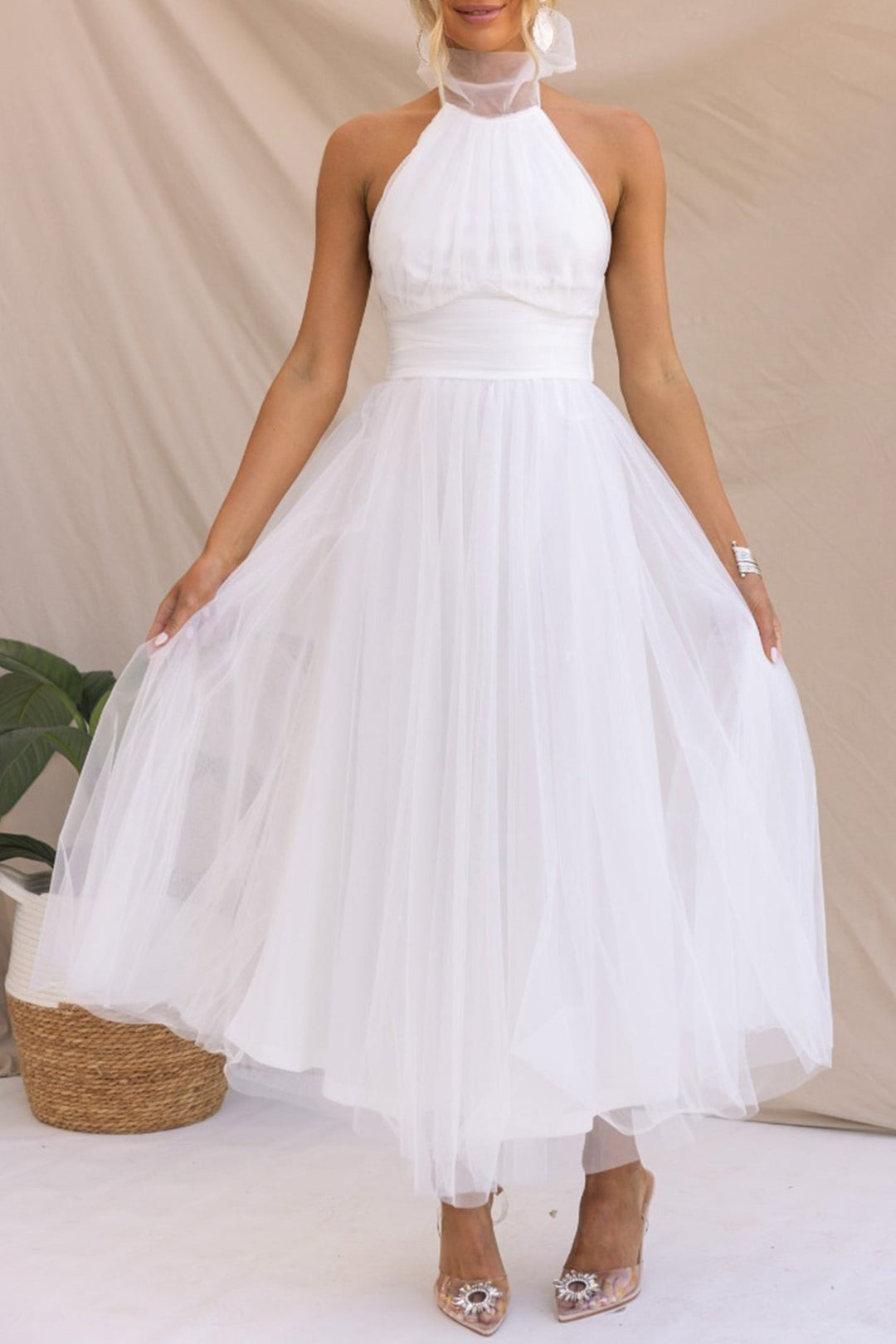 Mesh Halter Neck High Waist Maxi Dress Apricot · L