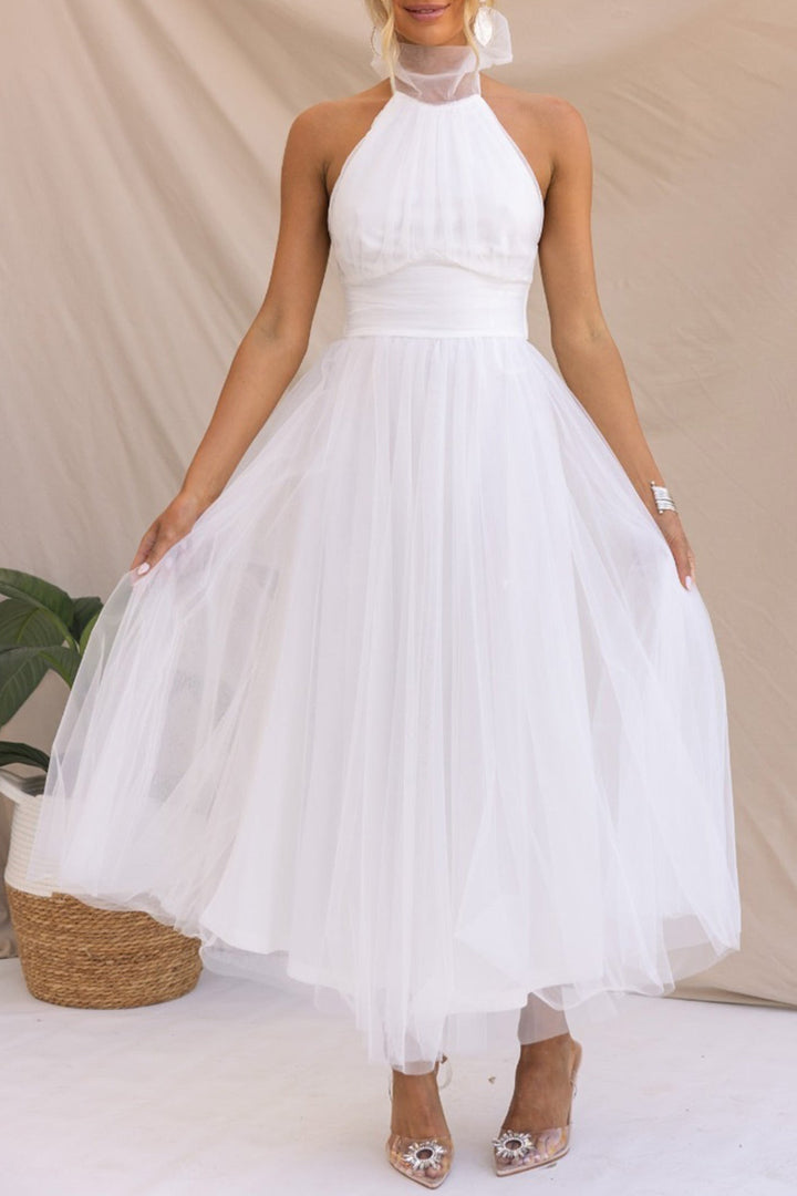 Mesh Halter Neck High Waist Maxi Dress Apricot · L