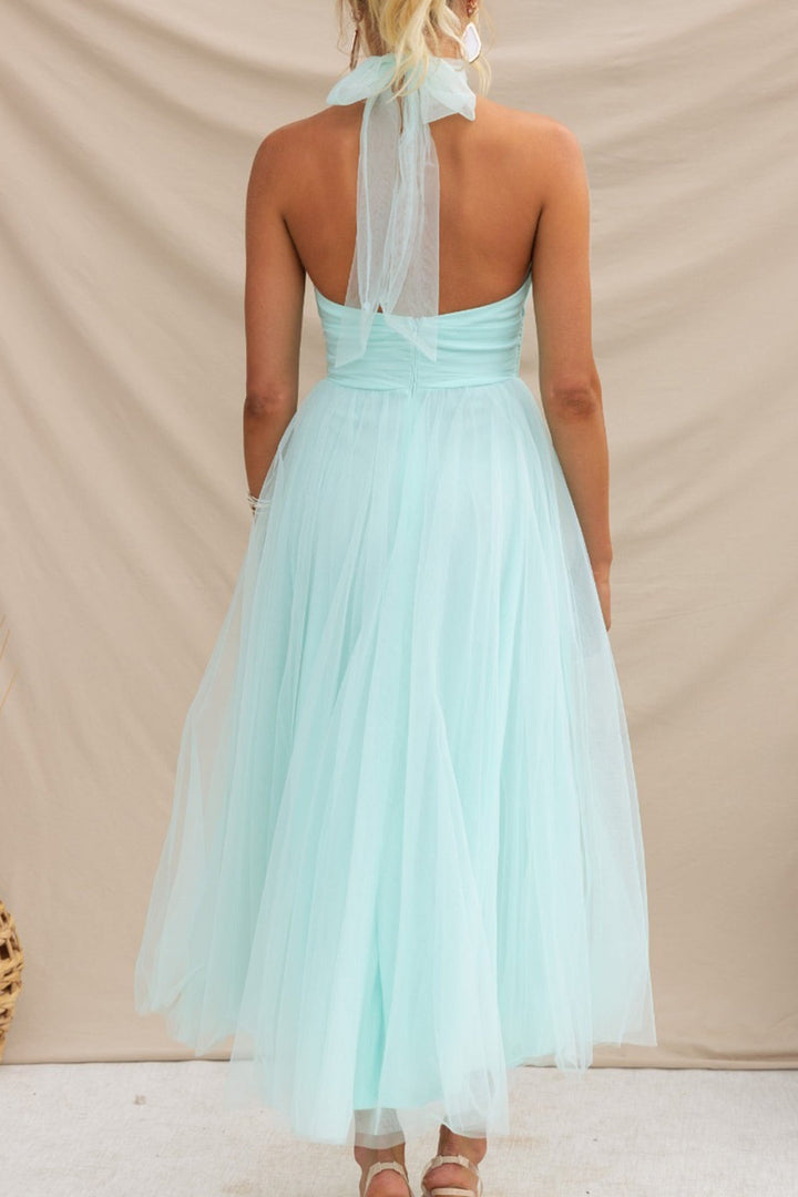 Mesh Halter Neck High Waist Maxi Dress Red · L