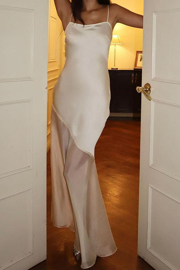 Mesh Patchwork Spaghetti Strap Maxi Dress Beige · S