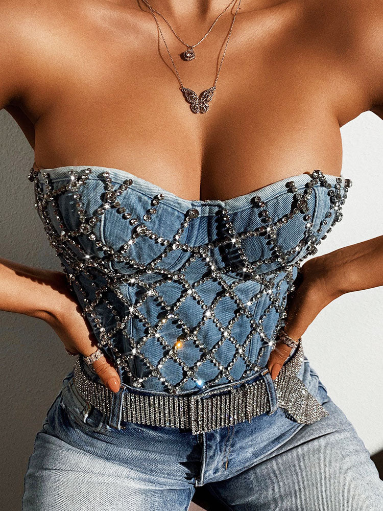 Rhinestone Denim Bustier Top Blue / S