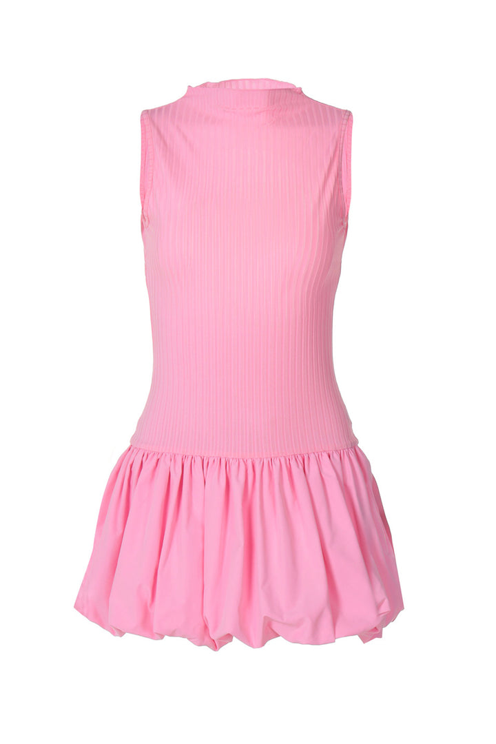 Mock Neck Cowl Back Knit Patchwork Ballon Dress White · M